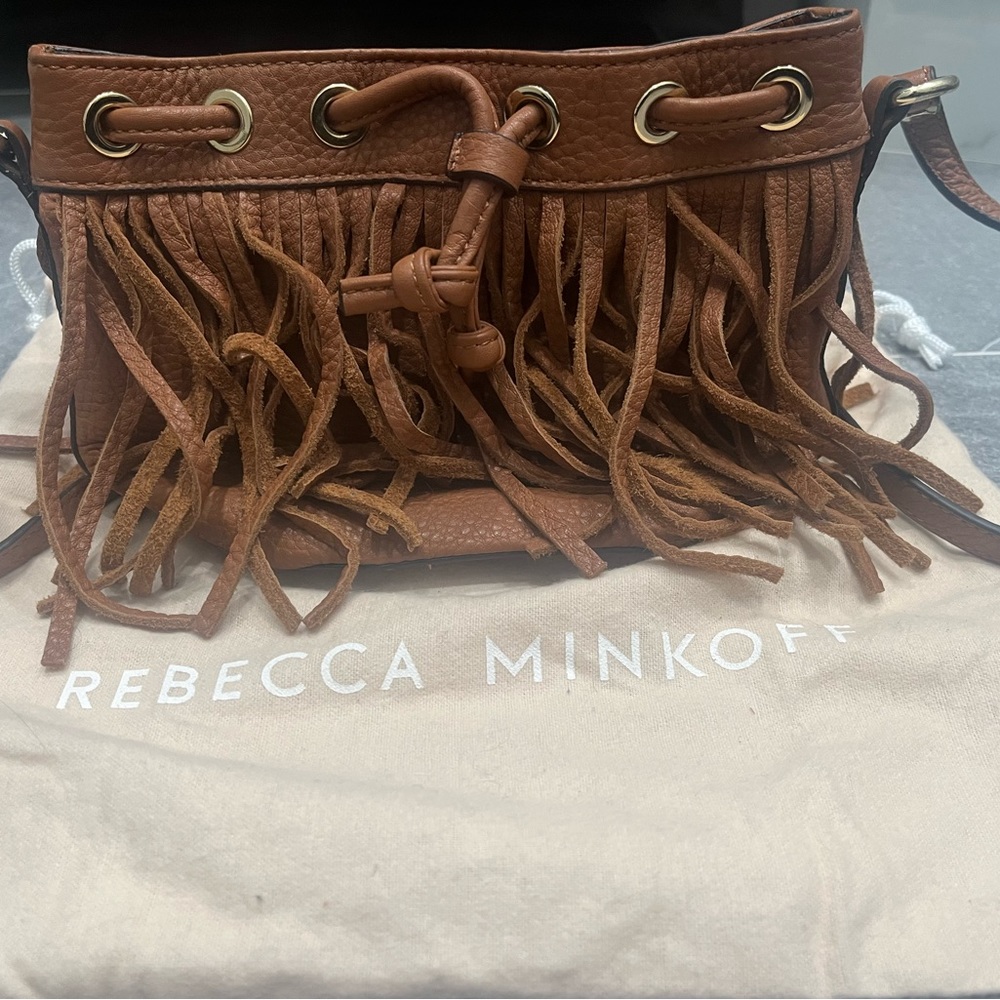NWOT Rebecca Minkoff Leather Fringe Lexi Bucket Bag in Almond